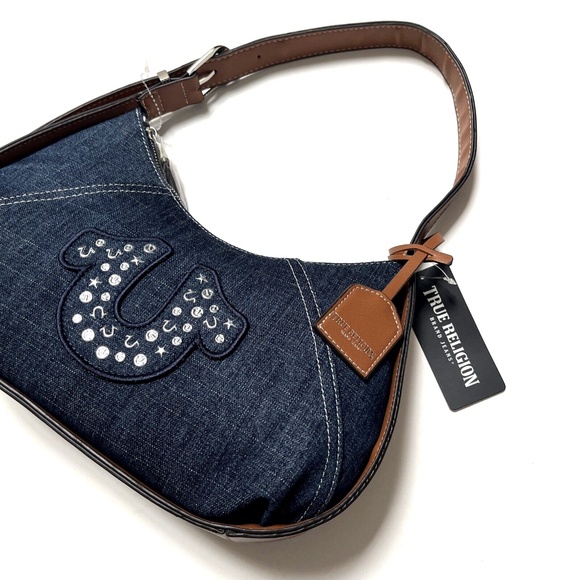 NWT TRUE RELIGION Denim Shoulder Bag Studded Horseshoe Blue Hobo Embellished - Picture 2 of 10